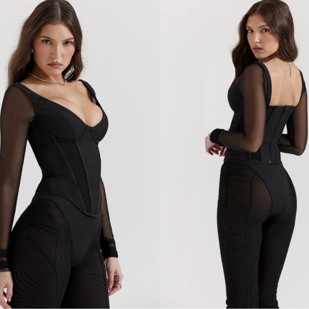 Black Mesh Corset Long Sleeve Top